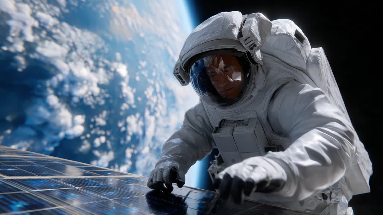 An astronaut meticulously repairs a solar panel while floating in space, with Earth vividly visible in the background, showcasing the beauty and danger of space exploration