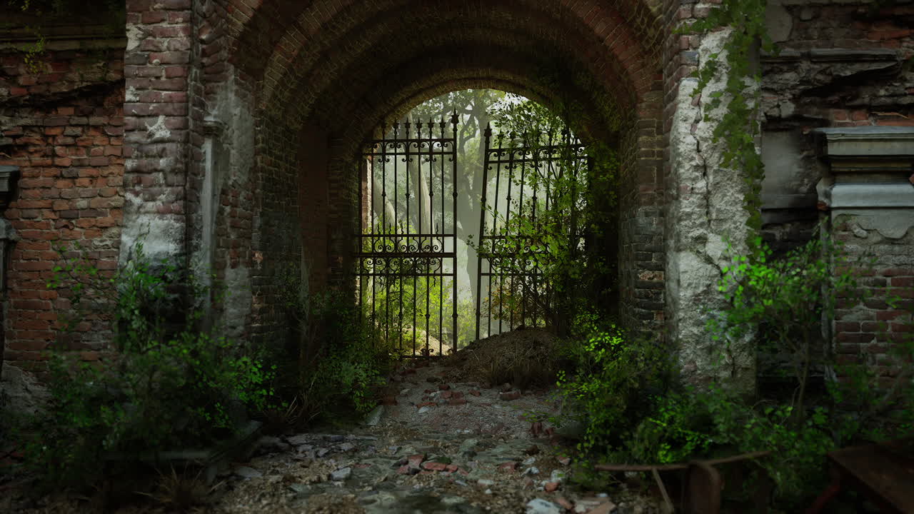 버려진 벽돌 구조물에서 신비롭고 인 게이트