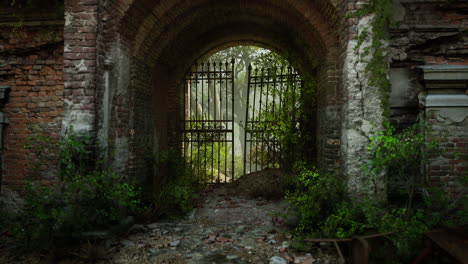 a mysterious and overgrown gate in an abandoned brick structure