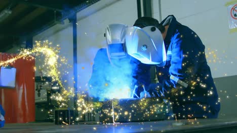 animation of glowing shooting star over male engineers welding