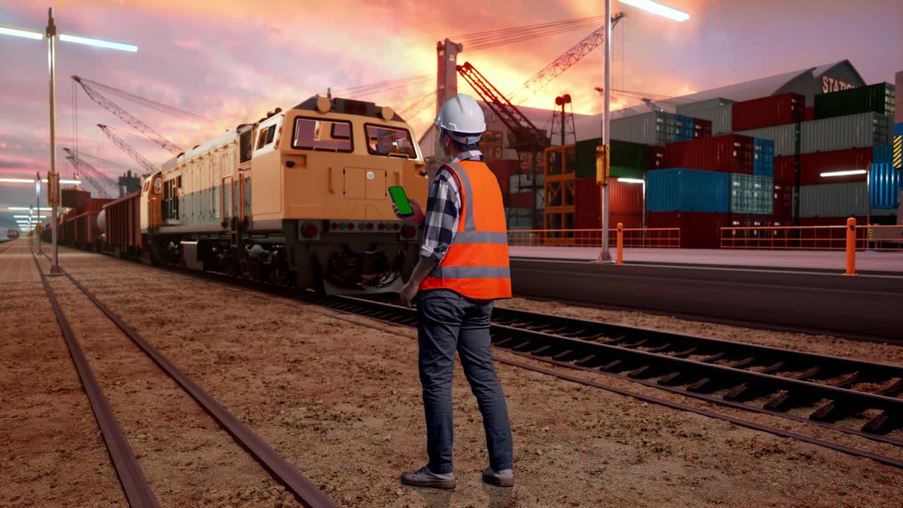 Full Body Back View Of Asian Male Engineer With Safety Helmet Working On A Green Screen Smartphone And Looking Around While Standing With Freight Cargo Train At Port