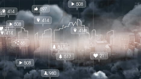 animation of social media icons and numbers on grey banners over cityscape