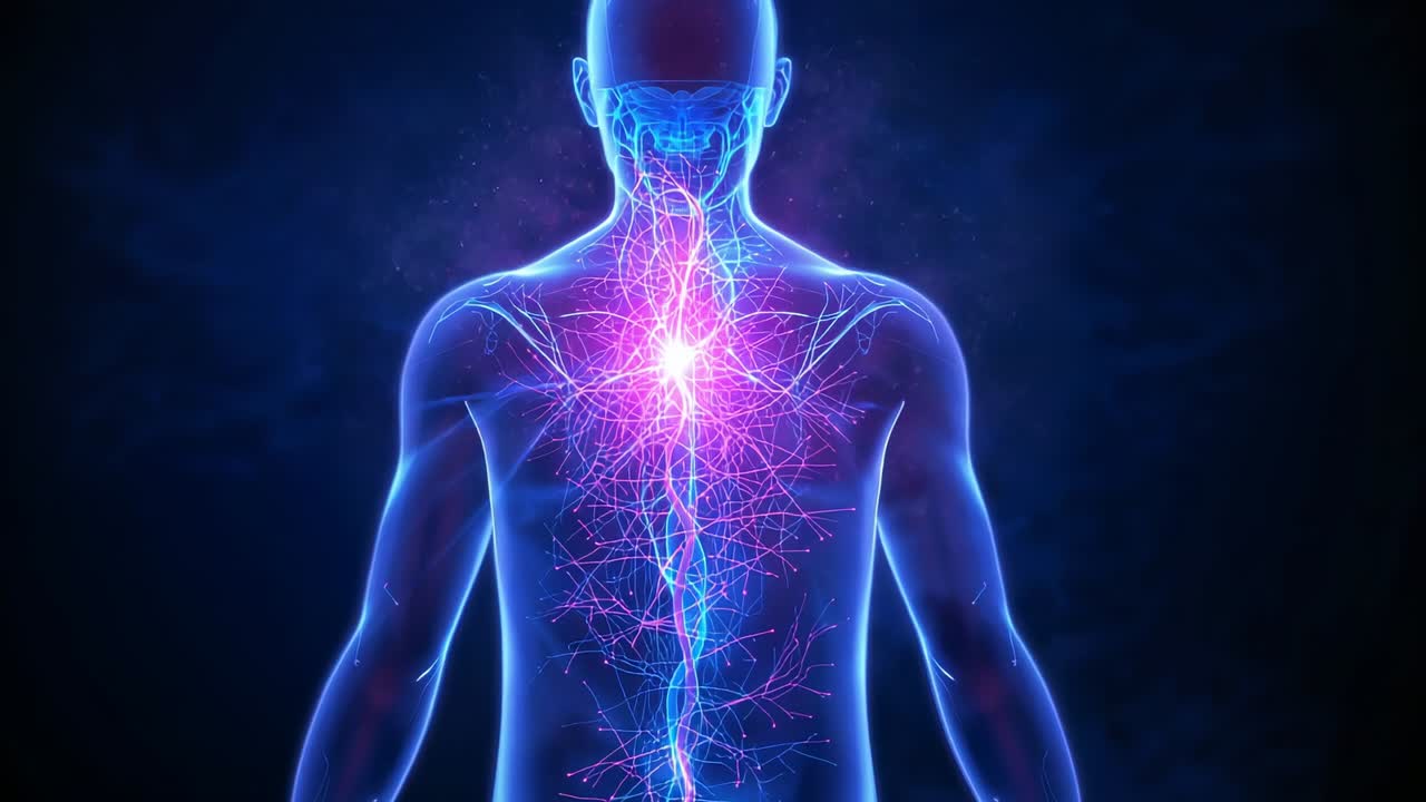 Initiating magenta chest glow figure intensifying skull, spine, neural fiber in void pulsing light