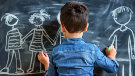 young artist drawing family portrait on blackboard, showing creativity through colorful chalk stick figures while expressing childhood imagination from behind