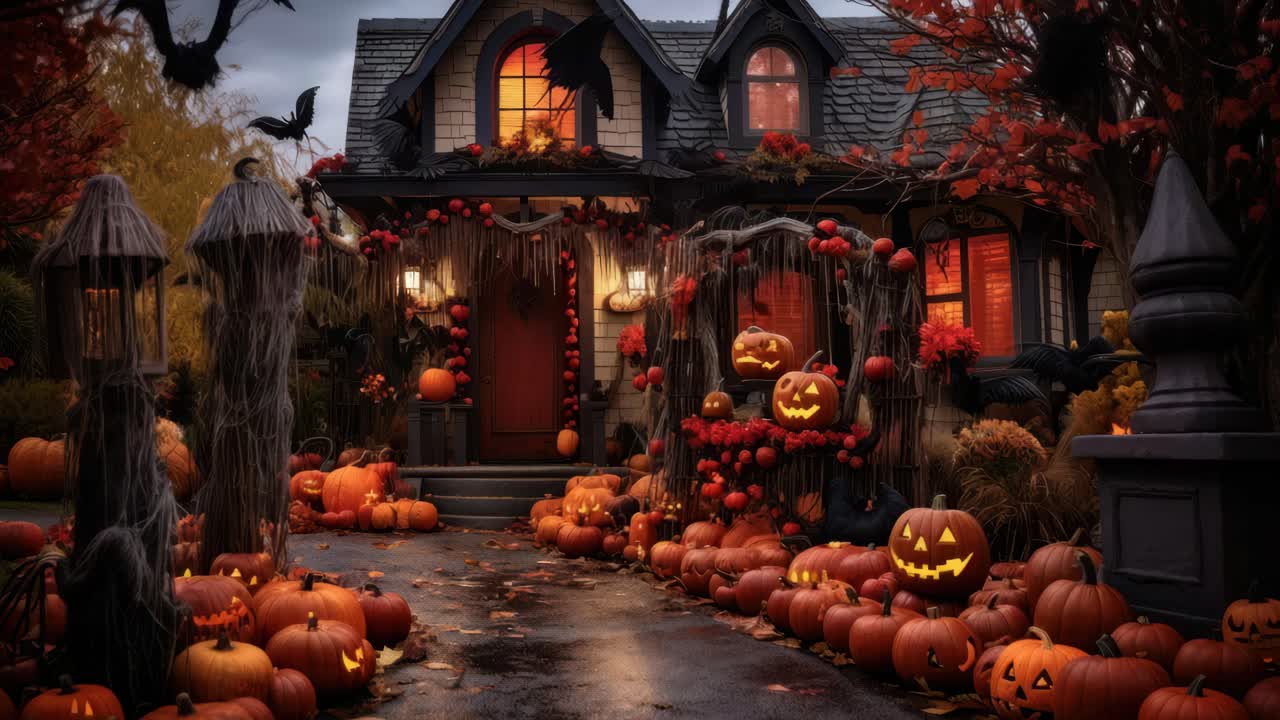 Una spaventosa scena di Halloween con zucche e pipistrelli, scattata da un angolo basso