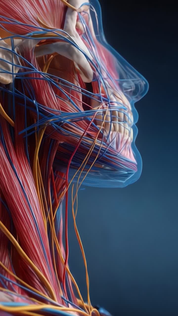 Una visualizzazione approfondita dell'anatomia umana che mostra l'intricata rete di vasi sanguigni e muscoli in vista di profilo, evidenziando le loro complesse interconnessioni.