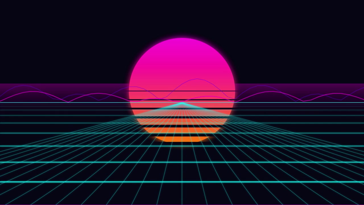 Retro Synthwave Style Grid Landscape with Glowing Sun