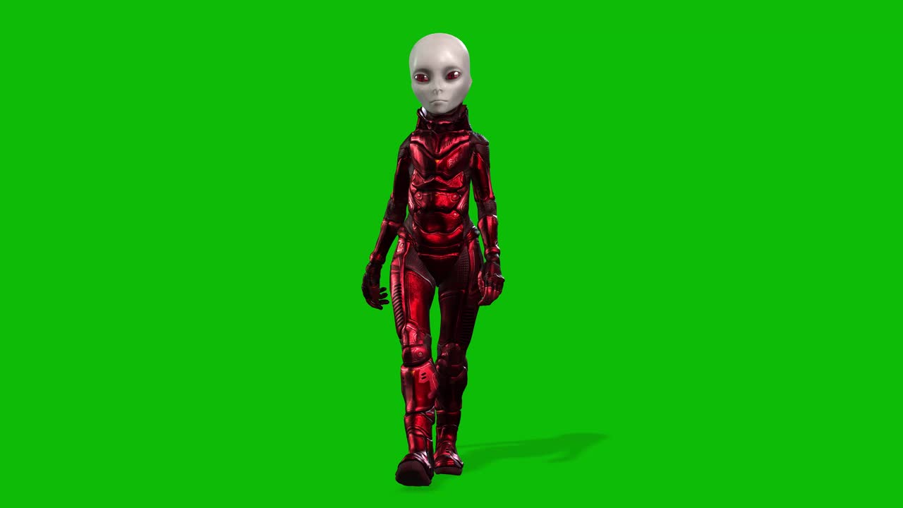 Grey female alien wearing a space suit walking on green screen, seamless loop 3D animation, front view
