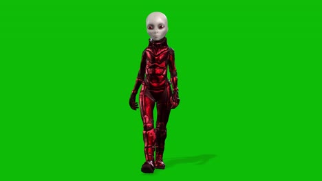 grey female alien wearing a space suit walking on green screen, seamless loop 3d animation, front view