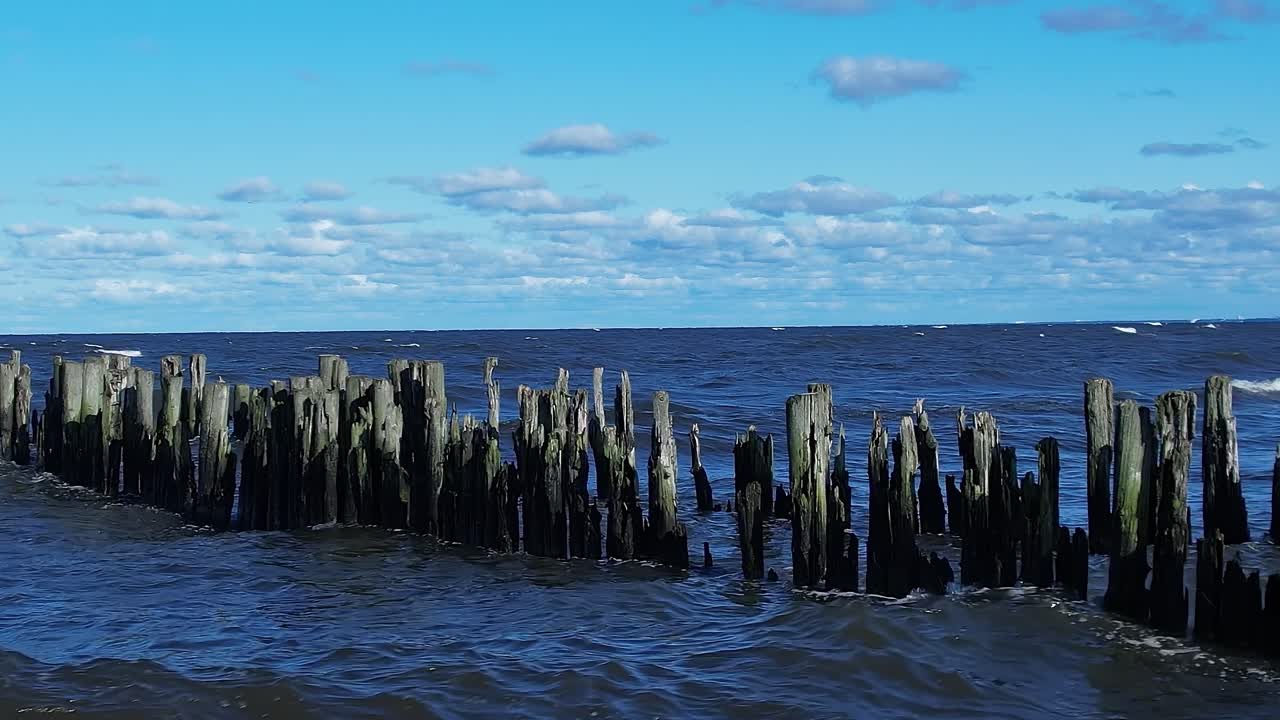 Pali di legno si ergono sulla riva del Mar Baltico sotto un cielo azzurro.