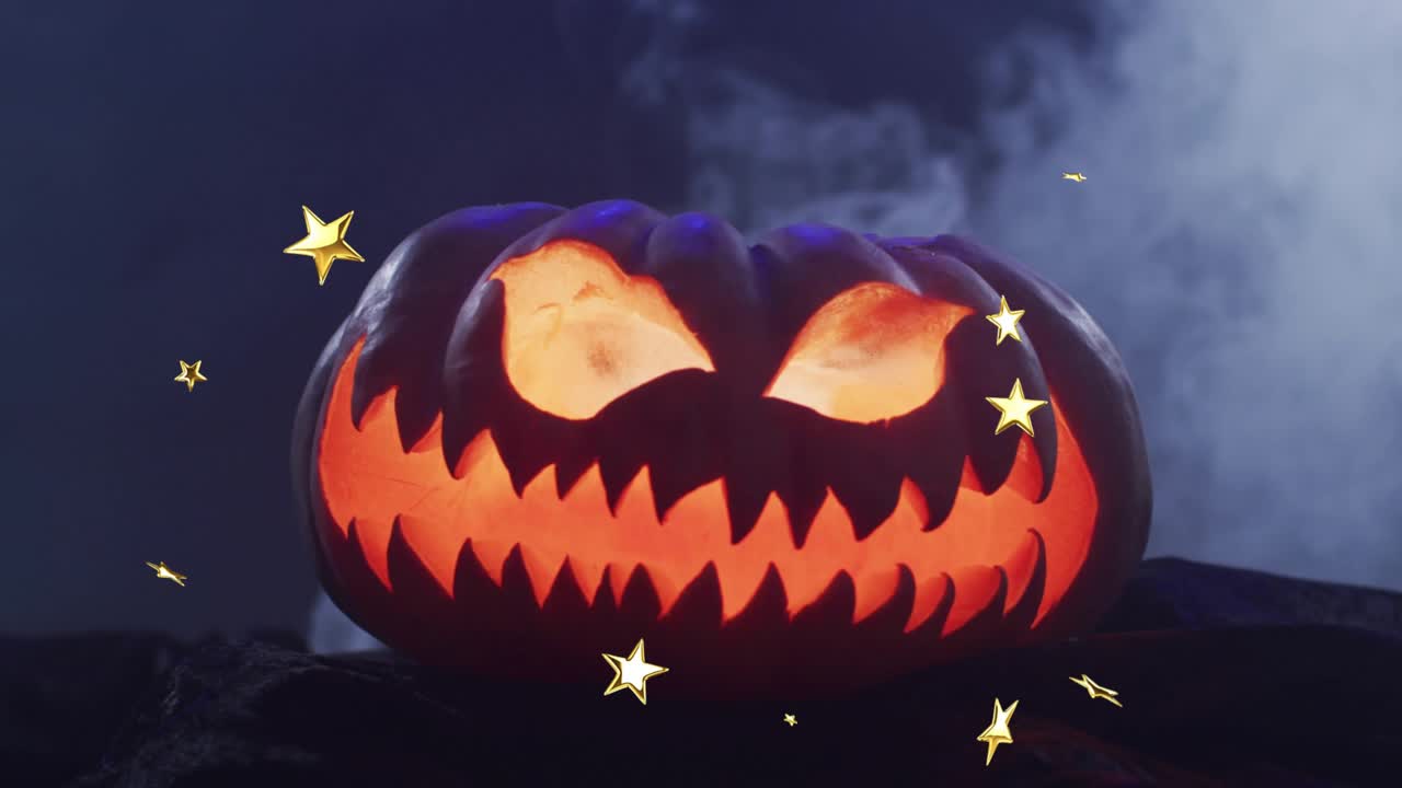 On start fog drifting around carved pumpkin, golden stars appearing and swirling adding spooky glow