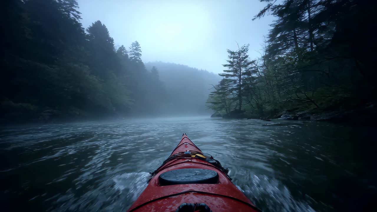 Avventura in kayak: kayak rosso in un fiume nebbioso tra gli alberi
