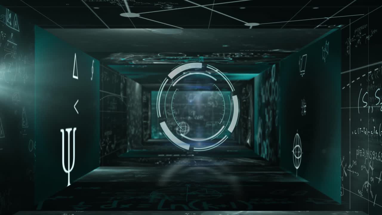 검은색 바탕에 수학적 방정식으로 데이터 처리 및 범위 스캔의 애니메이션