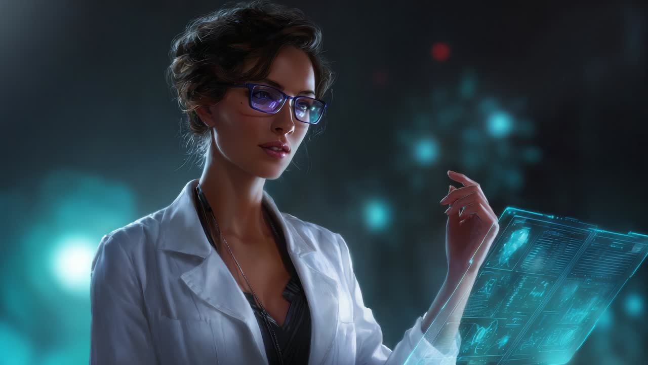 An innovative scientist examines intricate data with keen insight and precision while illuminated by a futuristic glow, embodying the essence of modern research and discovery in a laboratory setting