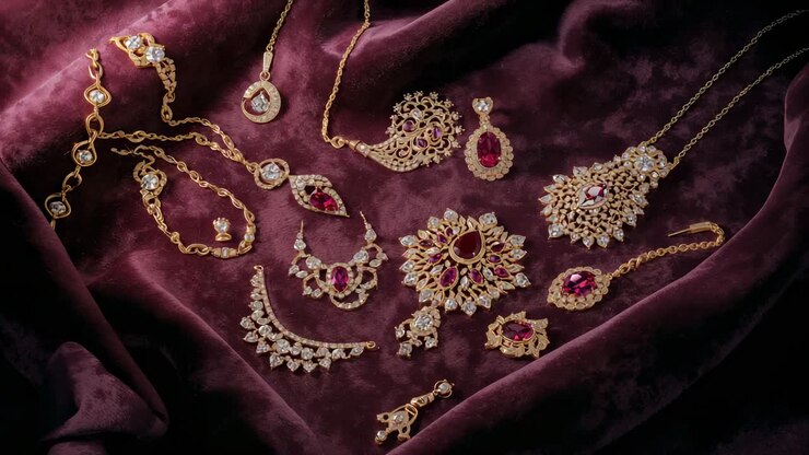 Inquadratura mobile che mostra una spilla floreale con pietra rossa e gemme dorate su velluto bordeaux per catalogo