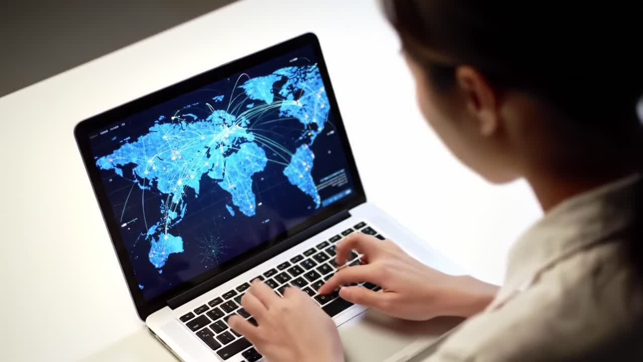 A focused individual interacts with a laptop displaying a detailed digital map of the world, showcasing connectivity lines and key locations in a modern workspace