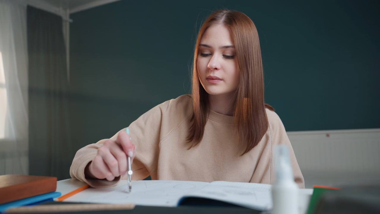 Nastolatek przy biurku podczas sesji korepetycyjnej, student pracuje z cyrklem i zeszytem do gramatyki, podczas gdy korepetytor gestykuluje, wskazując drogę, swobodne środowisko nauki w domu, stałe skupienie i coaching konwersacyjny do pracy domowej.