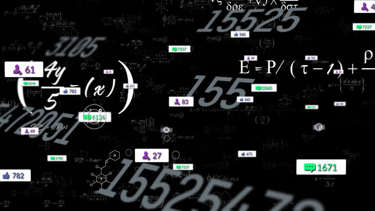 Animation of mathematical equations and social media notifications on black background