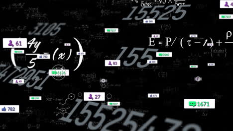animation of mathematical equations and social media notifications on black background