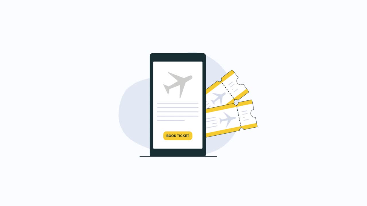 Animeret smartphone, der viser en app til booking af flybilletter