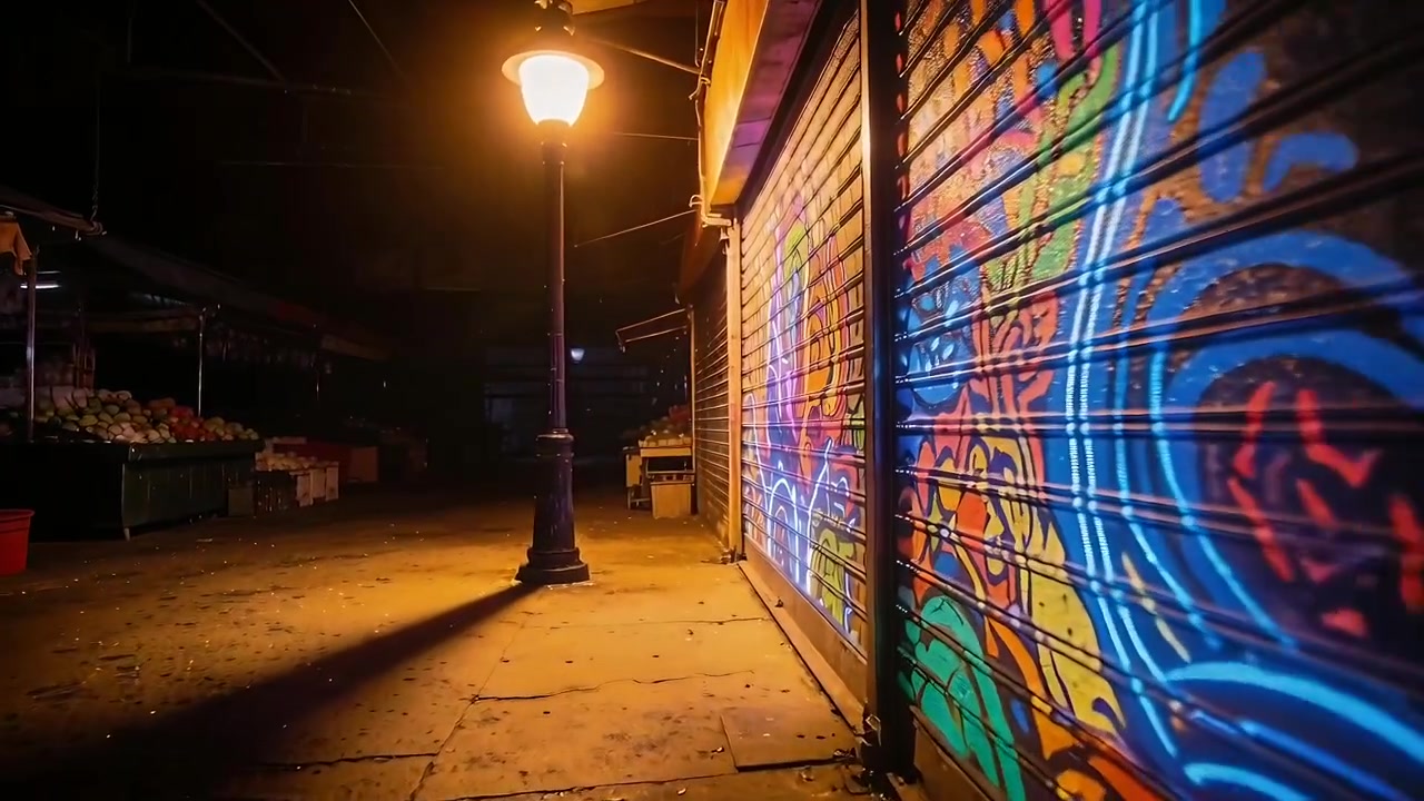 Telecamera che si sposta a destra rivelando una saracinesca graffitata in un mercato notturno che mostra un'opera d'arte, con una lampada ornata.