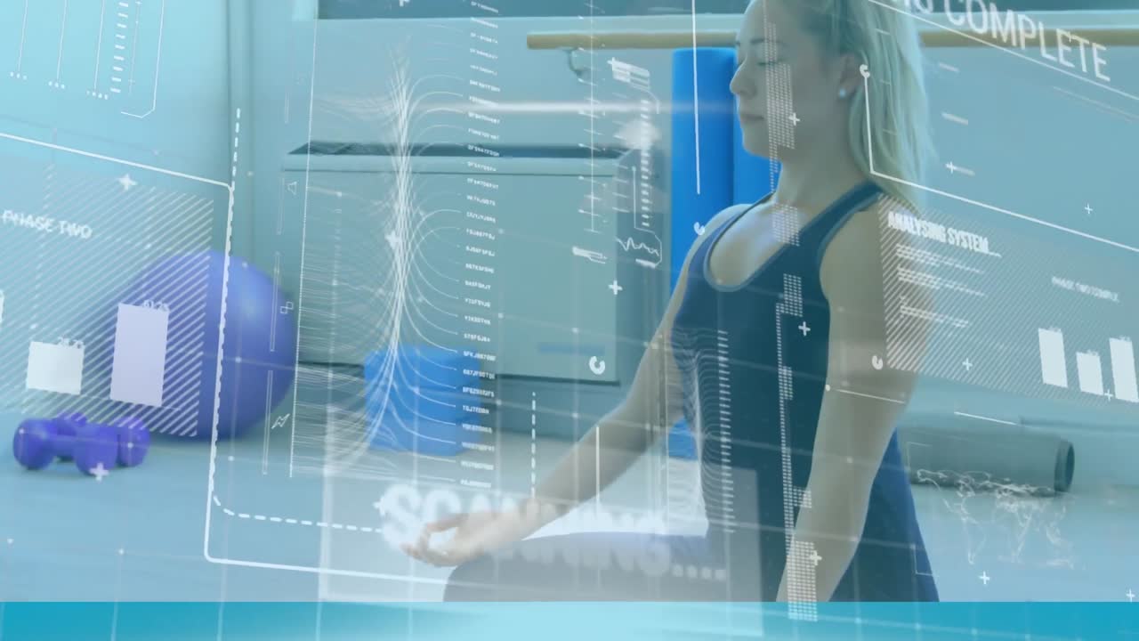 데이터 처리 및 그래프 및 통계의 애니메이션 백인 여성 명상