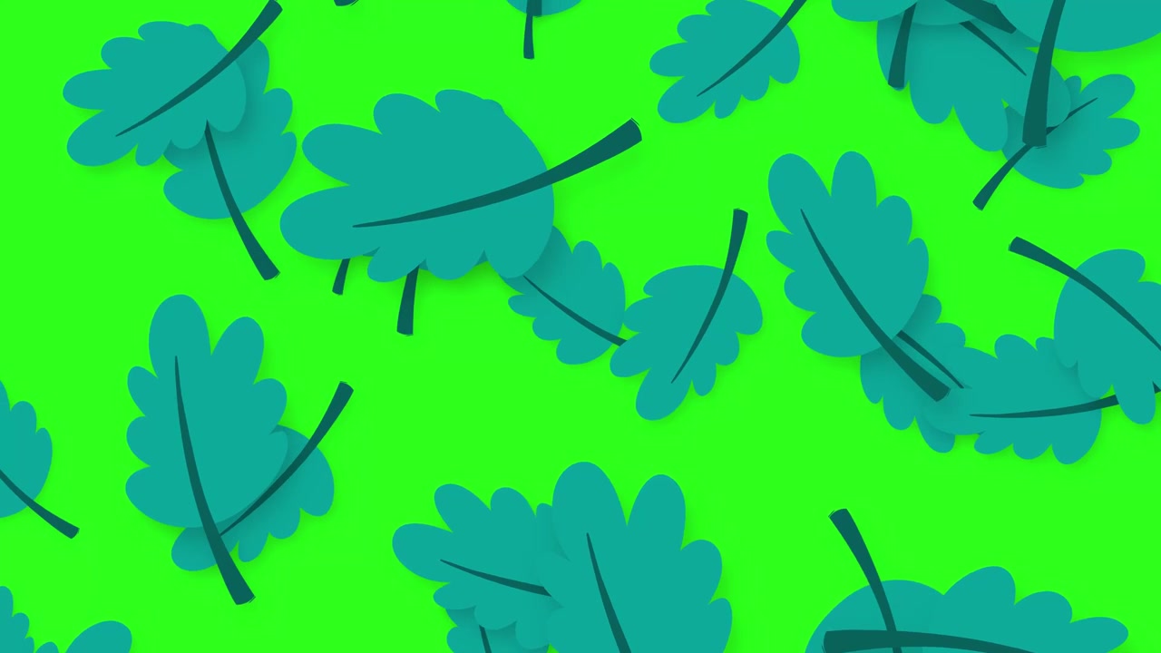 Animated blue oak leaves drift downward across a bright green screen with soft drop shadows.