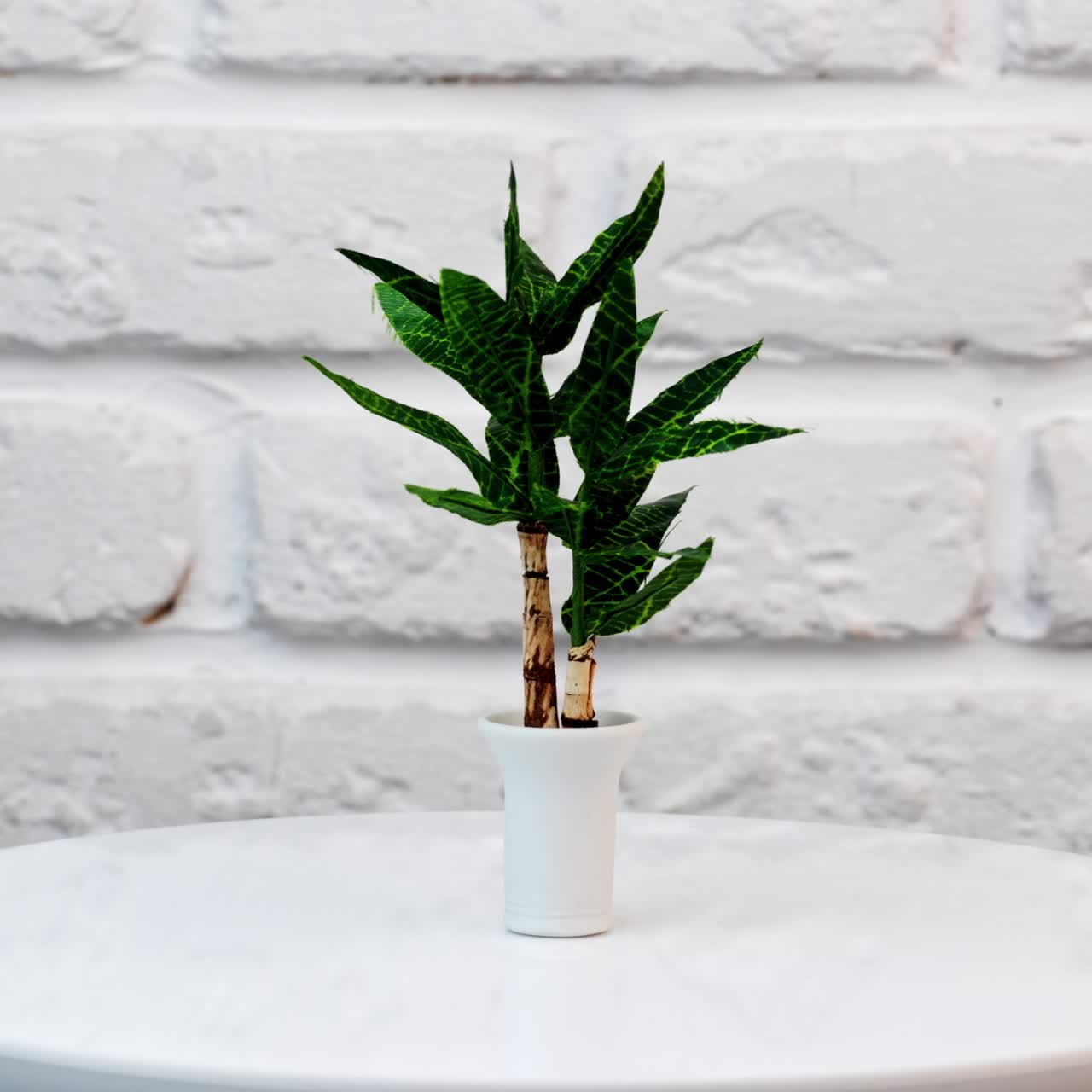 Artificial flower pot plant at the spinning stand. Green flower in white pot for a doll's house design. Close up