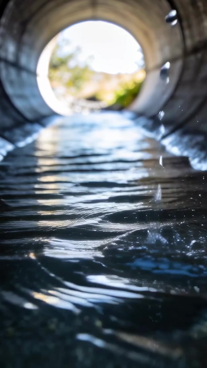 Video verticale: Acqua che scorre lentamente in un tubo mostrando increspature con gocce che cadono da destra, schizzando