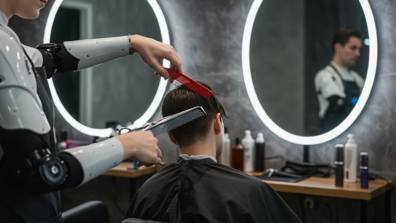 Futuristic Haircut: A Robotic Assistant Perfects a Modern Style in a Trendy Salon with Illuminated Mirrors and Professional Tools