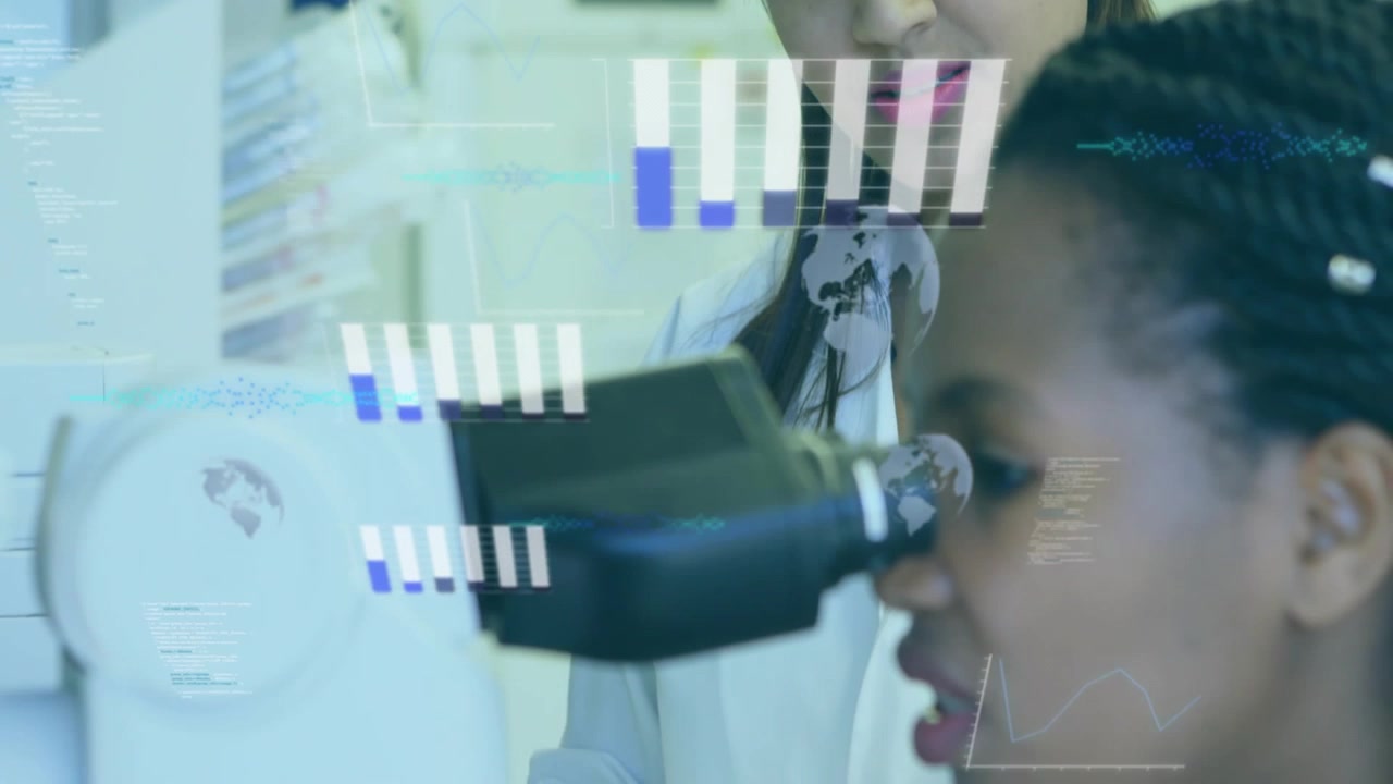 Trainee peering into microscope, supervisor guiding, animated charts emerging to show research data