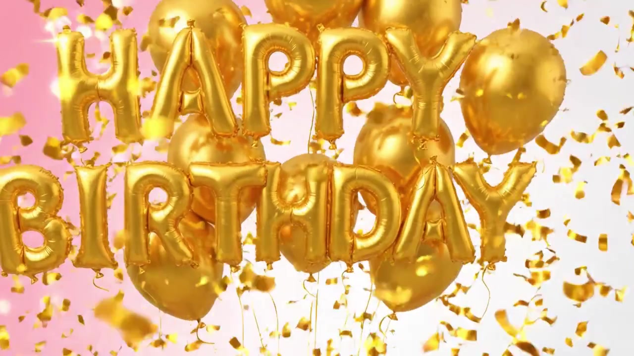 Palloncini dorati celebrativi con messaggio di buon compleanno circondati da coriandoli, perfetti per qualsiasi festa di compleanno o atmosfera festiva.