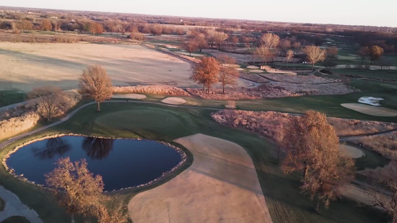 4K Drone Pass by Rural Golf Course with Pond