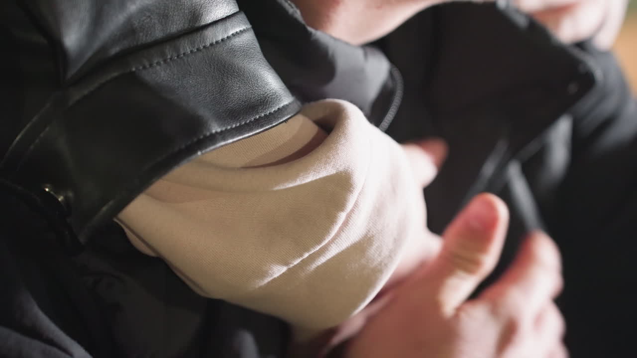 Close up of hand gently holding another person dressed in leather jacket as warm light reflects softly on clothing and skin, capturing tender gesture of affection with urban night setting