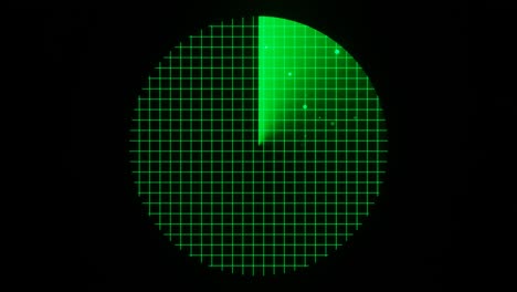 pantalla de radar verde escaneando objetivos en fondo negro. animación de bucle de renderizado 3d
