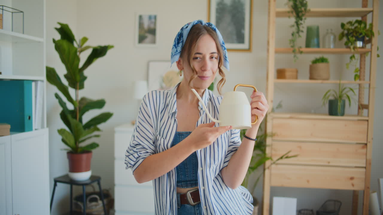 una mujer alegre bailando con una jarra de agua.
