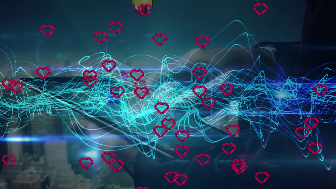 Floating digital heart icons over cityscape with abstract blue wave animation