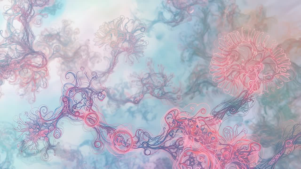 Sequentie start, gekoppelde roze-paarse filamenten die drijven en zich ontvouwen in digitale onderwaterruimte