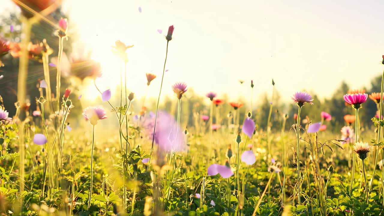 Low-angle video of a vibrant flower field at sunrise, capturing petals in the breeze