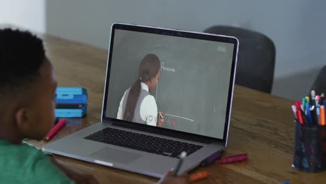 niño afroamericano haciendo una videollamada en una computadora portátil mientras hace la tarea en casa