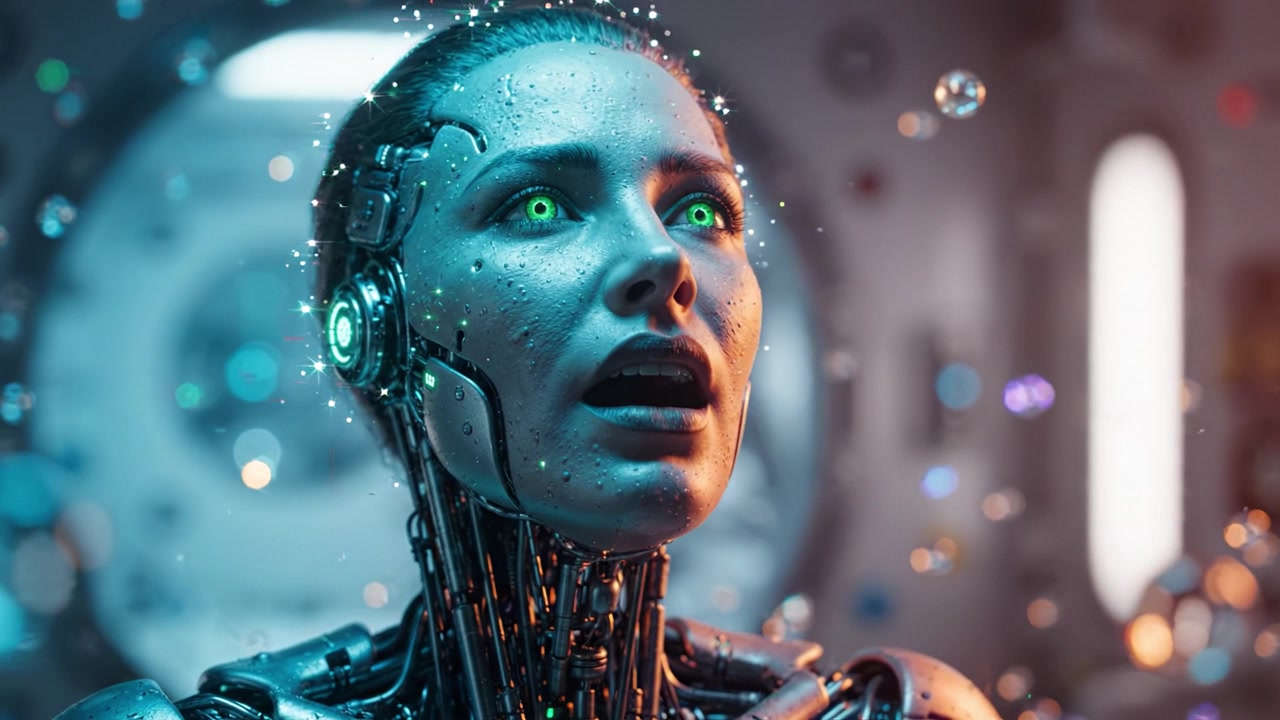 Robot futuristico con occhi verdi luminosi: Una vista ravvicinata di un personaggio cyborg in un ambiente sottomarino, che esprime sorpresa tra bolle e luci