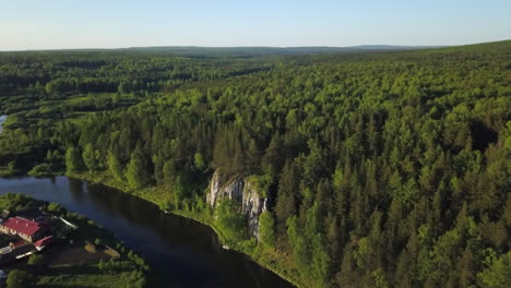 aerial view of forest and river with cliff