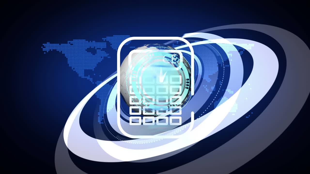 animación del icono de la calculadora sobre el globo, el escáner redondo y el mapa del mundo contra un fondo azul