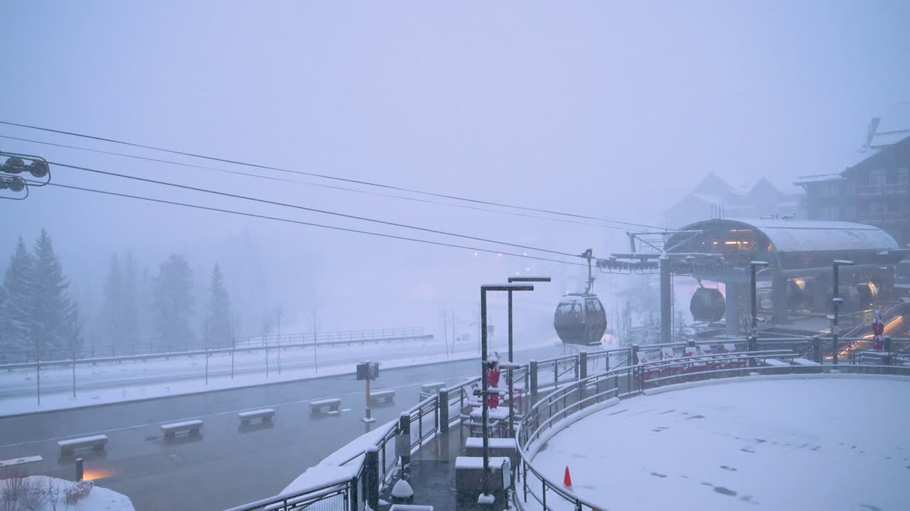 스키 리조트, 정적에서 강한 눈 폭풍과 눈보라 동안 곤돌라를 멈다