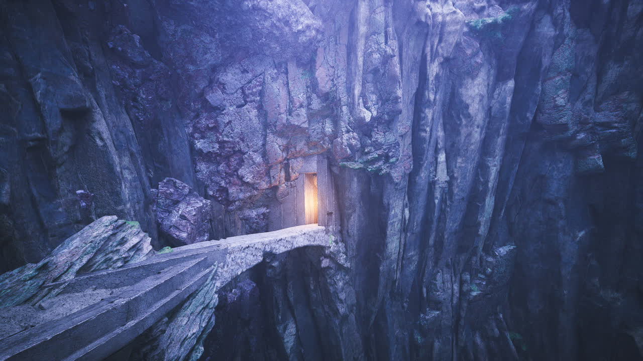 Mysterious pathway leading to glowing entrance in rocky canyon at twilight