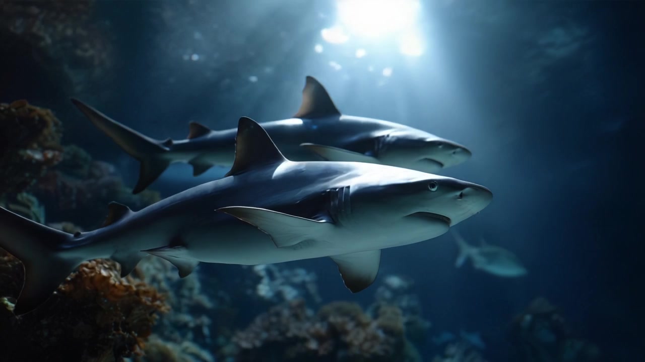 A captivating underwater scene featuring two sharks gliding gracefully through sunlit waters, showcasing the beauty and intrigue of marine life in its natural habitat.