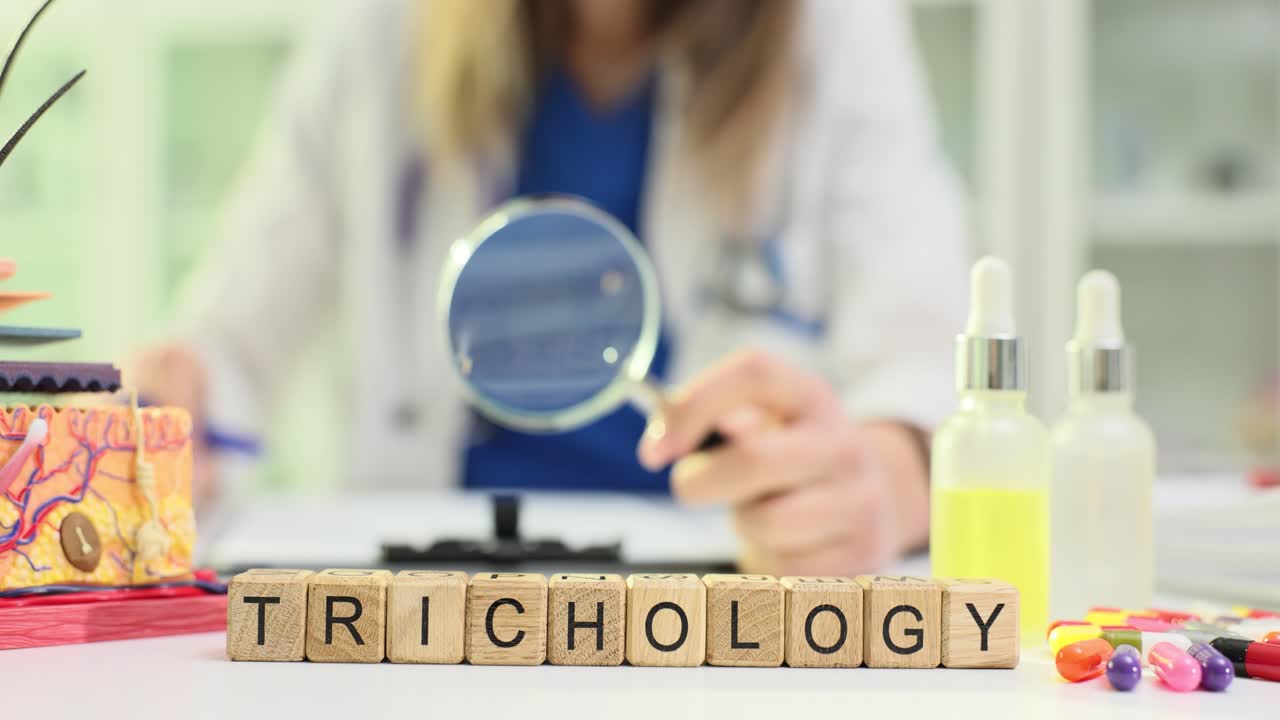 Woord 'Trichologie' op blokken met arts die onderzoekt op de achtergrond