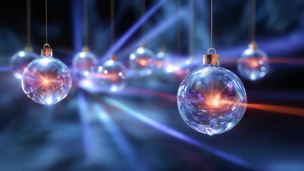 A mesmerizing display of hanging glass orbs radiating light, illuminated by vibrant beams creating a captivating ambiance of mystery and warmth, perfect for festive celebrations or artistic installations