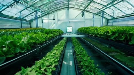 inside a modern greenhouse with rows of green plants