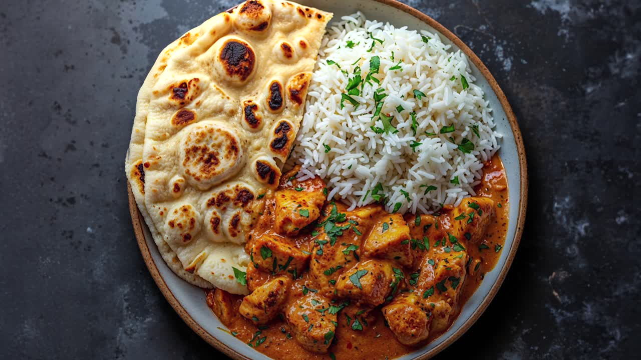 tikka masala de pollo con naan y arroz